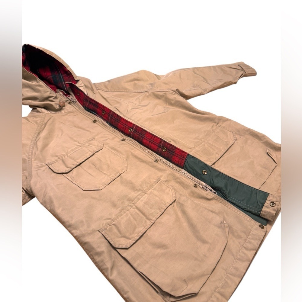 Woolrich Vintage Hooded Field Jacket Tan Plaid Lined Utility Coat Women L XL EUC - Picture 8 of 16